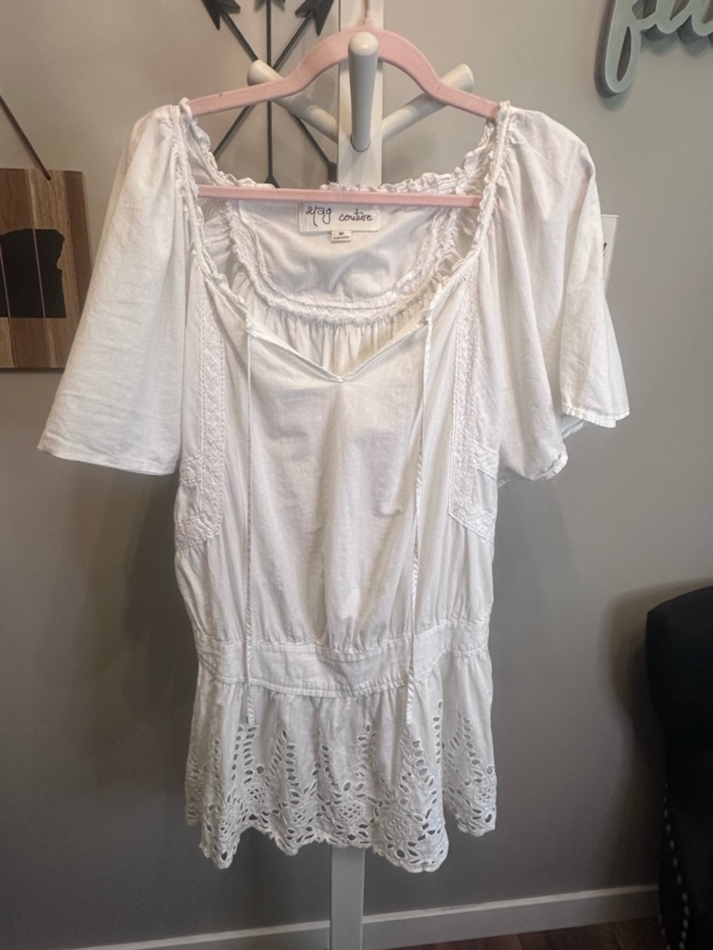 Yag Couture White Eyelet Peasant Top